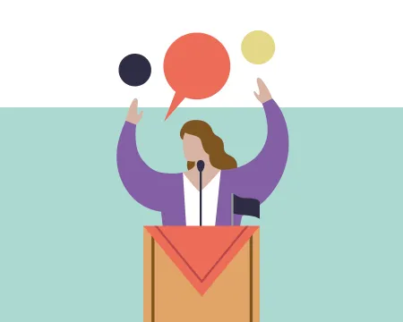 An illustration of a person behind a podium with raised hands. Speech bubbles rise above them.