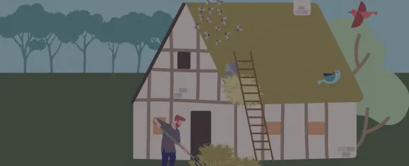 Cartoon showing thatcher beside a house