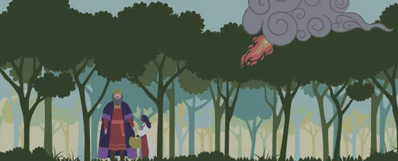 A king and princess in a forest. A flame emerges from a cloud of smoke.
