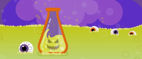 Eyeball and haunted conical flask floating on green bubbly liquid 