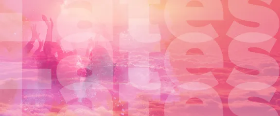 People are seen dancing on a cloudscape through a pink and orange haze. The word 'Lates' is overlaid on the image 3 times.