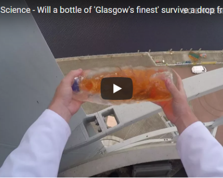 Science Sam wraps a glass bottle of Irn Bru in liquid glass putty, to see if it will protect the bottle from the impact of a 40 metre drop from Glasgow Tower. Conclusion: the bottle does NOT survive!