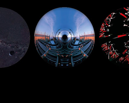 Three circular images showing stills from experiences inspired by Pink Floyd. The first shows a galaxy, the second a blue sky above a semi-industrial landscape, and the third an array of hammers. 