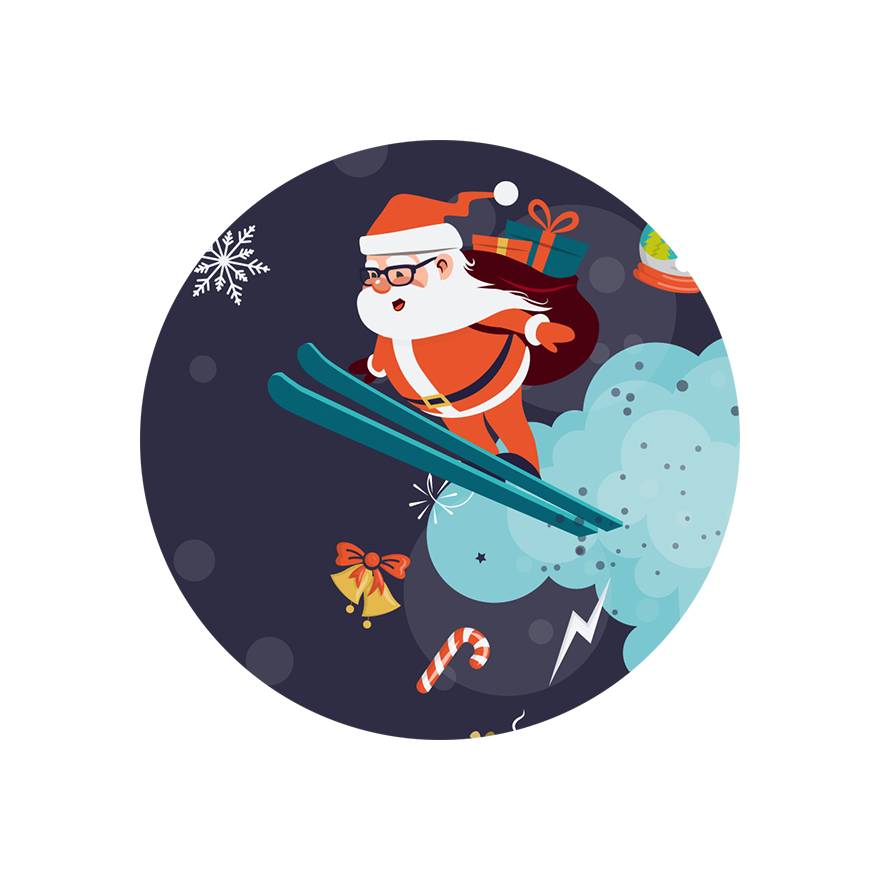 Santa on skis soaring out of a chimney