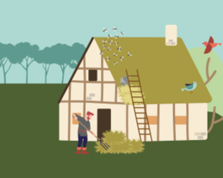 Cartoon showing thatcher beside house
