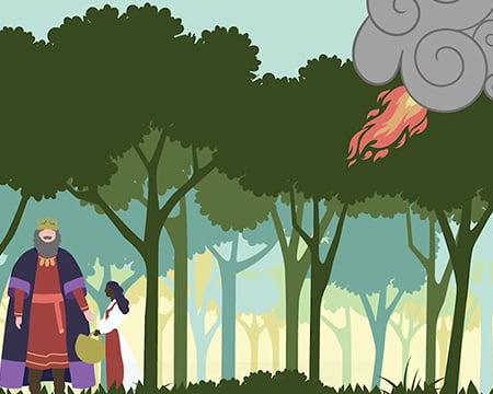 A king and princess in a forest. A flame emerges from a cloud of smoke.