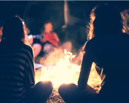Grid image showing people round a campfire