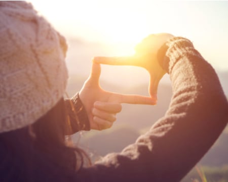 Grid image showing person looking into landscape