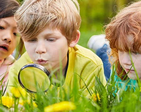 Young people looking at grass and flowers through a magnifying glass