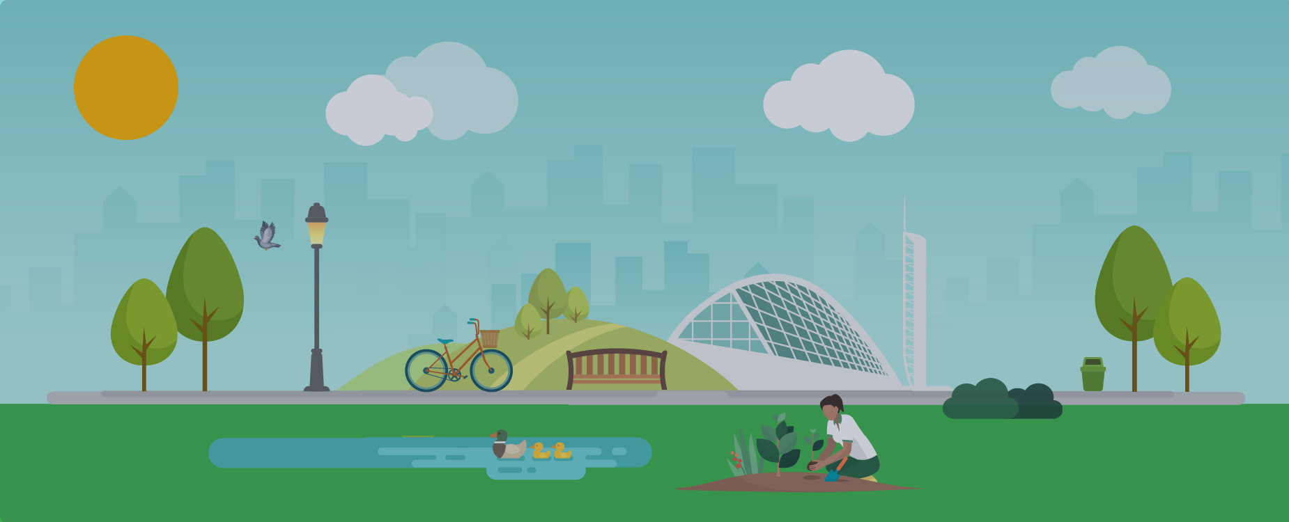 An illustration shows Glasgow Science Centre surrounded by biodiversity