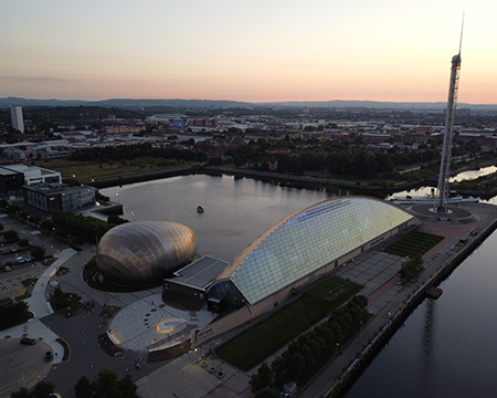 An aerial view of Glasgow Science Centre