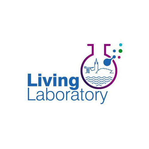 The Living Laboratory - a conical flask contains an outline of a river, Finnieston Crane, Armadillo and Glasgow University. Small circles rise out of the flask representing connections with communities and industry.