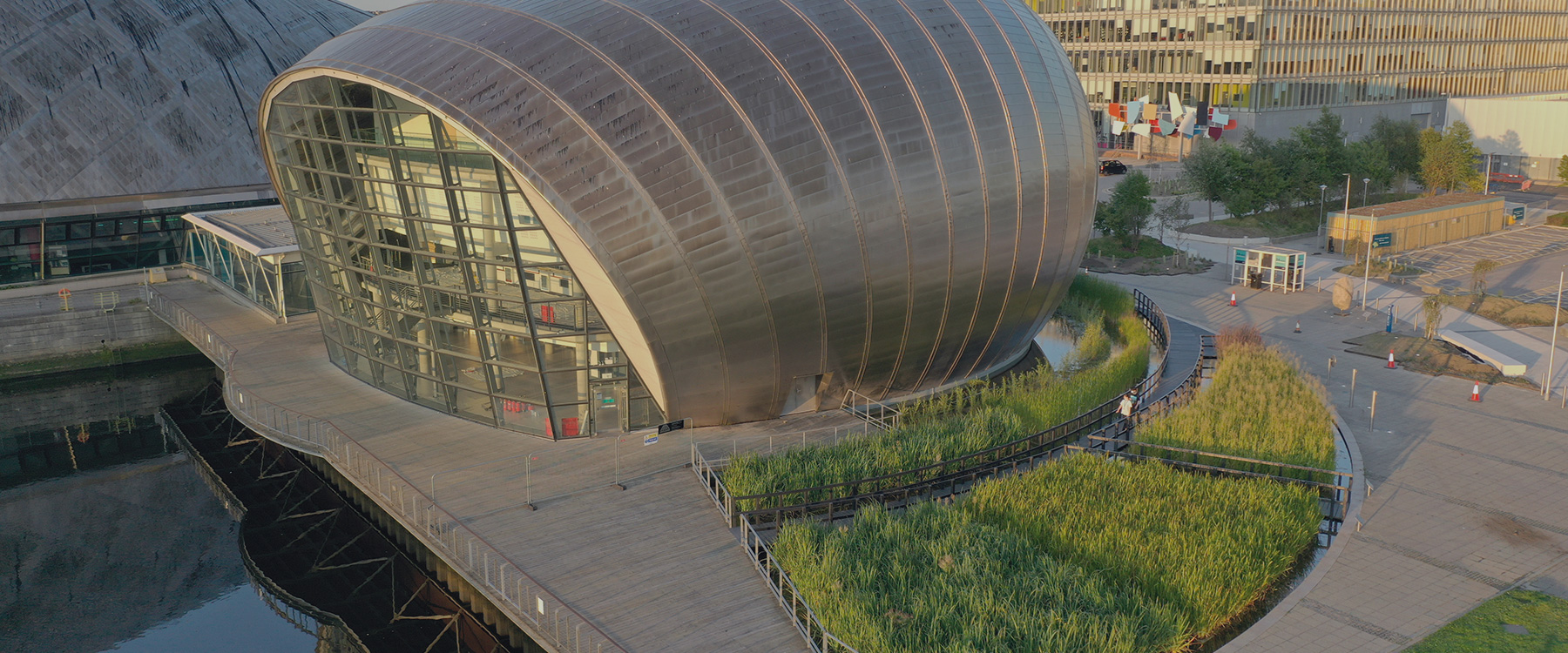 An aerial photo shows tall green plants emerging from a wetland area beside the silver building of the IMAX cinema. Image: HawkAye
