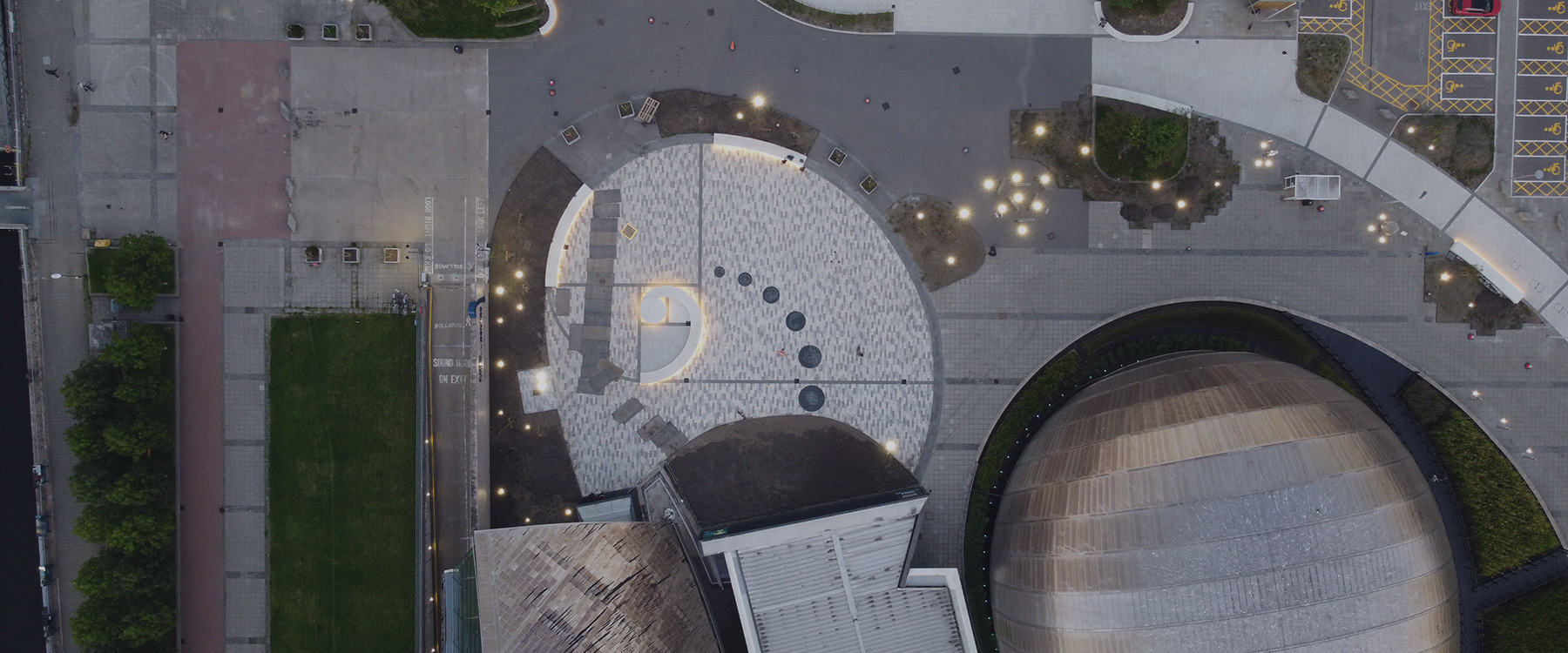 An aerial photo shows the spirals of the Fibonacci Garden at GSC. Image: HawkAye