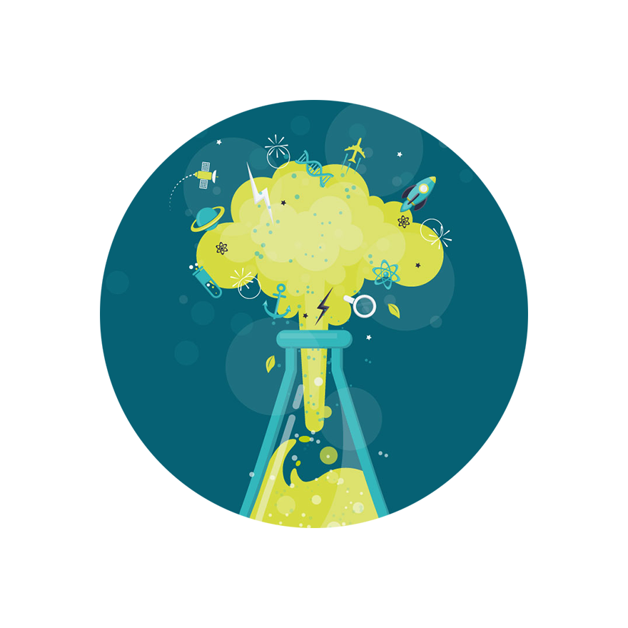 An illustration of a conical flask with an 'explosion of science' coming out of it