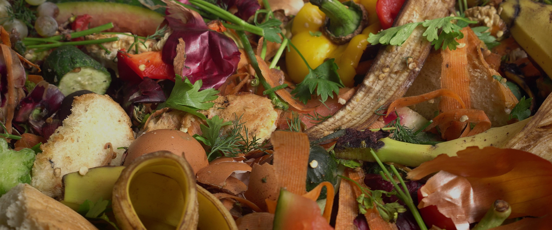 Food waste, including egg shells, peppers, onion, banana and more scattered across a table.