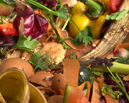 Food waste, including egg shells, peppers, onion, banana and more scattered across a table.