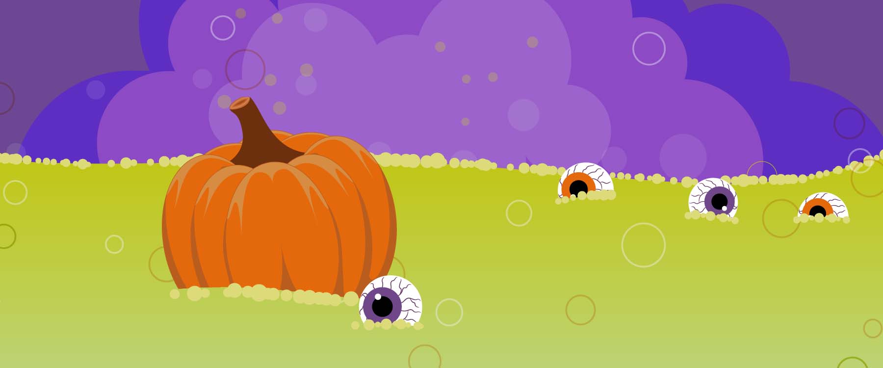 An illustrated pumpkin in a green sea of eyeballs. Above are purple plumes of cloud.