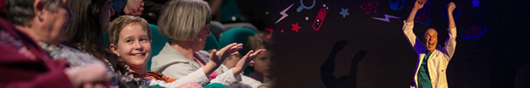 A child in amazement at the science show, as a visitor experience assistant excitedly conducts experiments