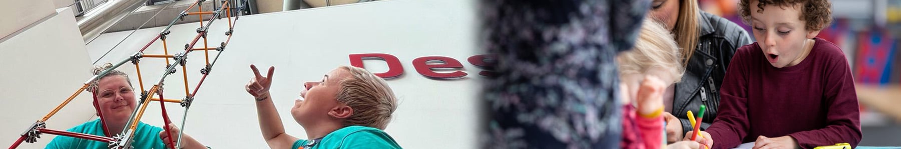 two visitor experience assistants point at an amazing k'nex construction and a child excitedly draws a picture