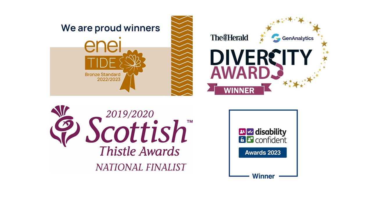 "image of Thistle Award, Herald Award, Disability Confident Award and Bronze Tide Award"