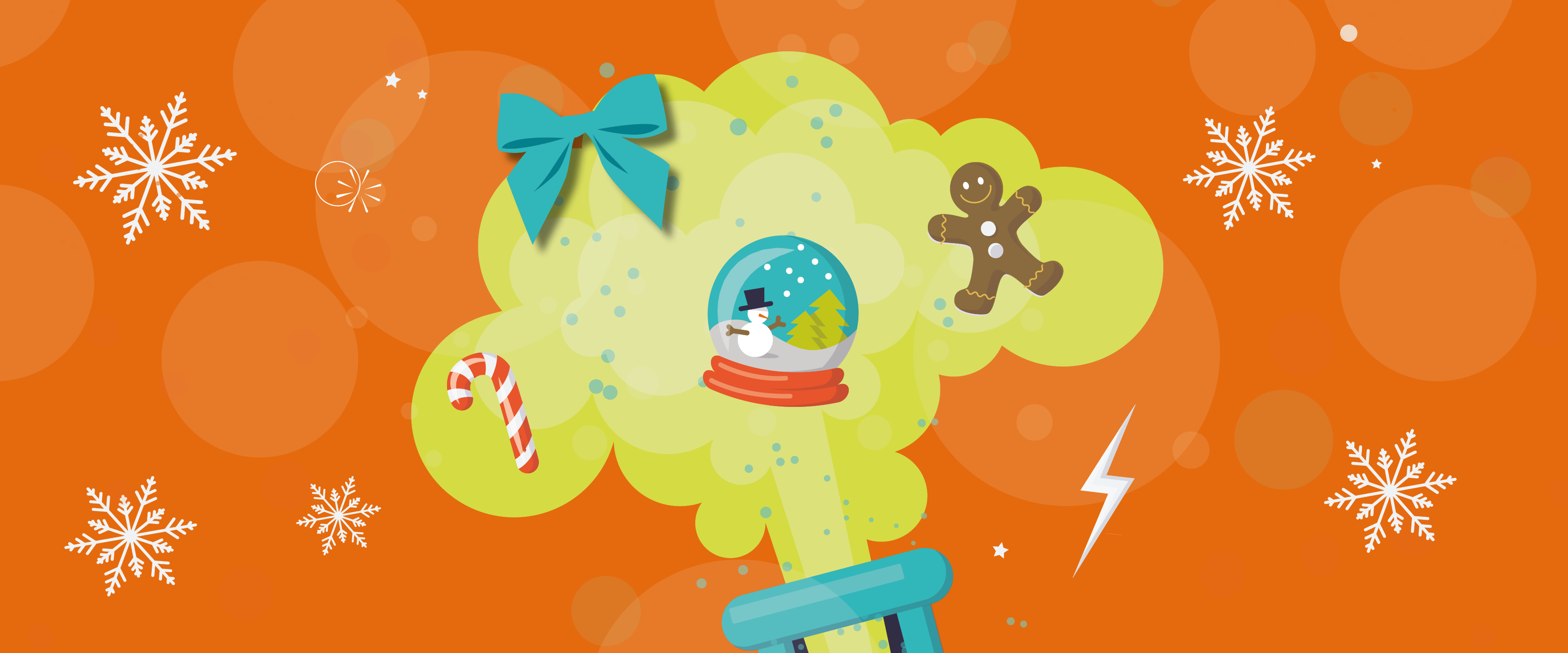 An illustration of an explosion which contains a snow globe, gingerbread man, bow and snowflakes