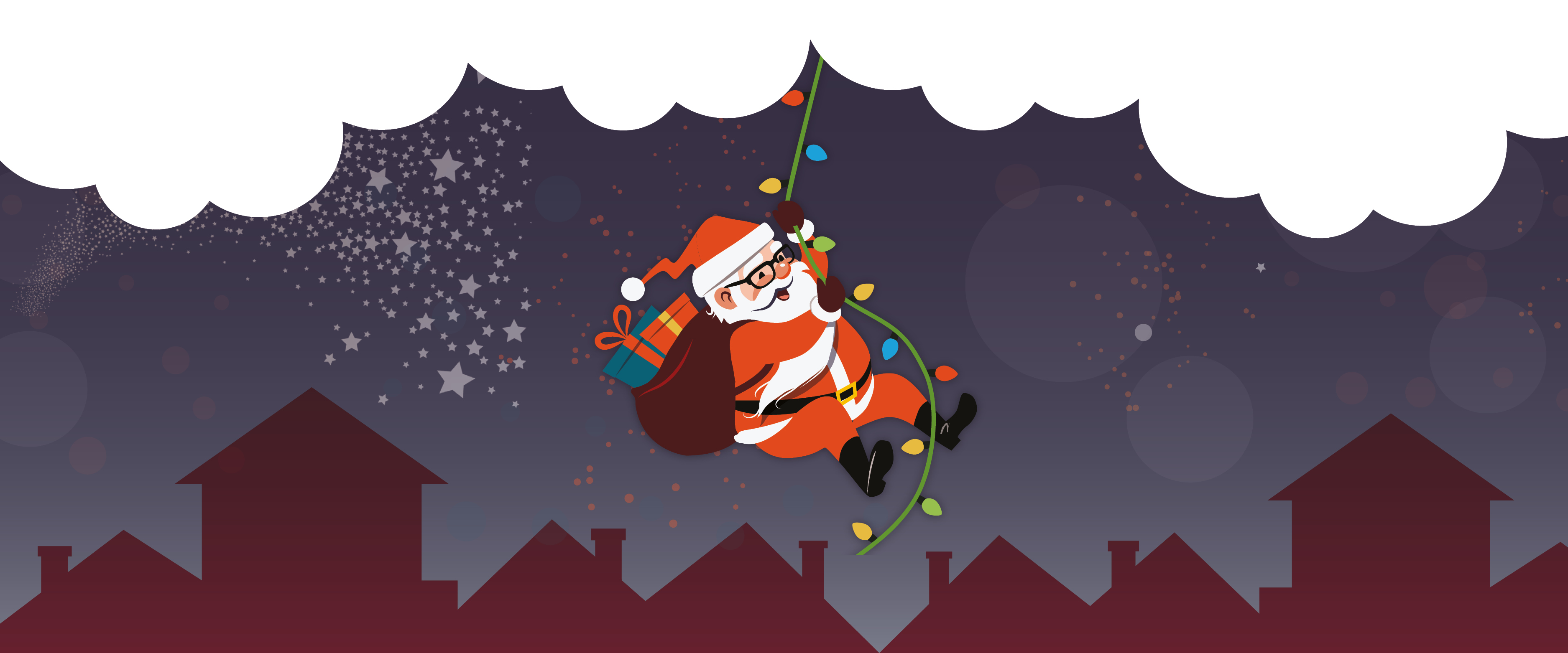 Santa swinging on Christmas lights above the housetops
