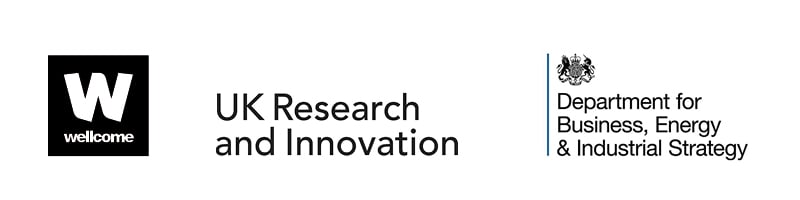 Wellcome Trust Logo, UK Research and Innovation Logo, HM Government Department for Business, Energy & Industrial Strategy Logo
