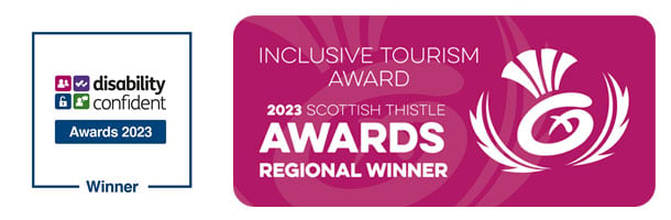 Disability Confident Awards 2023 winner logo and Inclusive Tourism Awards 2023 Scottish Thistle Regional Awards Winner