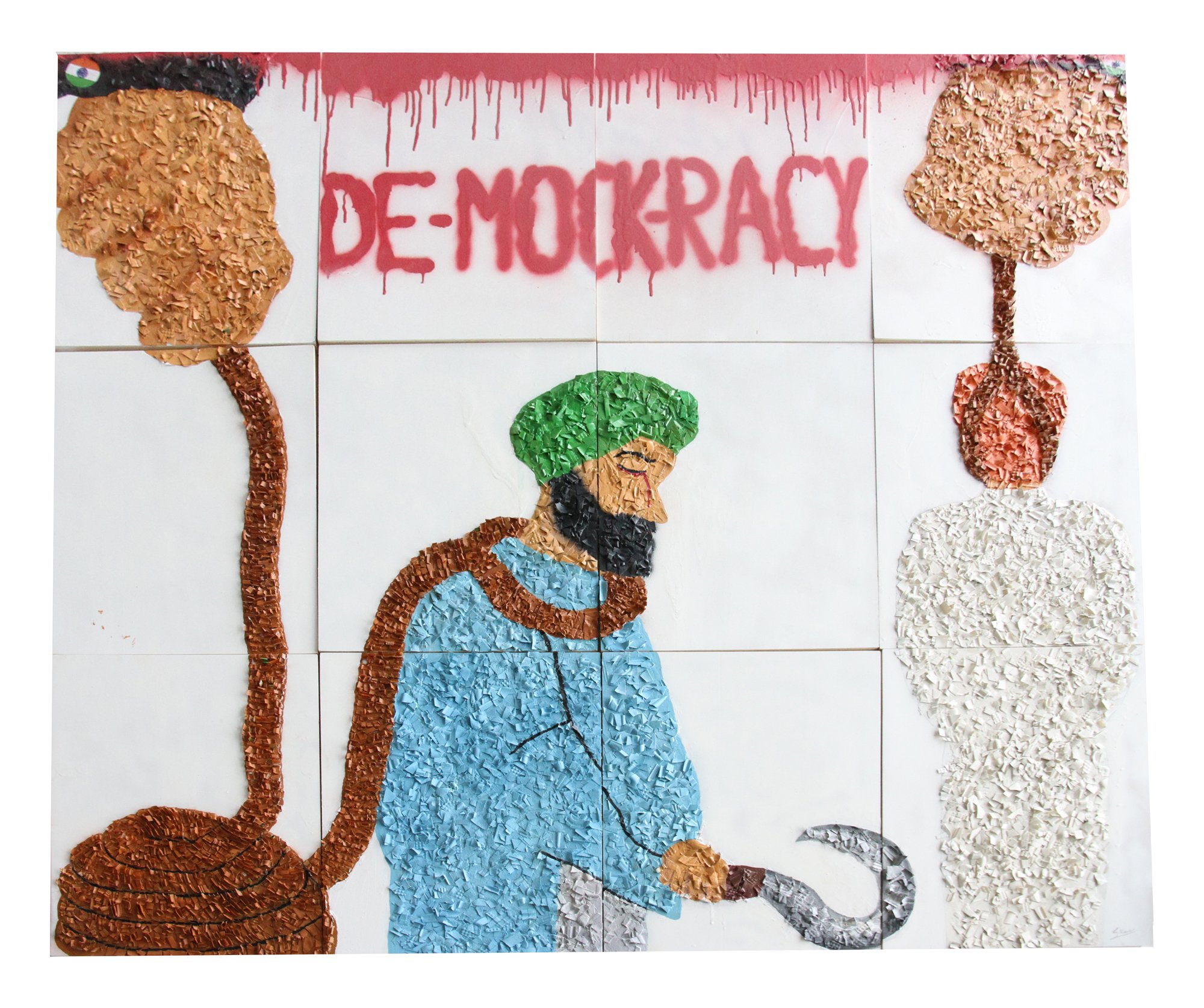 Image of a set of 12 panels which makes up one painting, an Indian farmer is on his knees with a sickle in his hand, he has a rope around his neck, held by a large hand. The words Demockracy are written above the figure. A small Indian flag is placed in the top left corner.