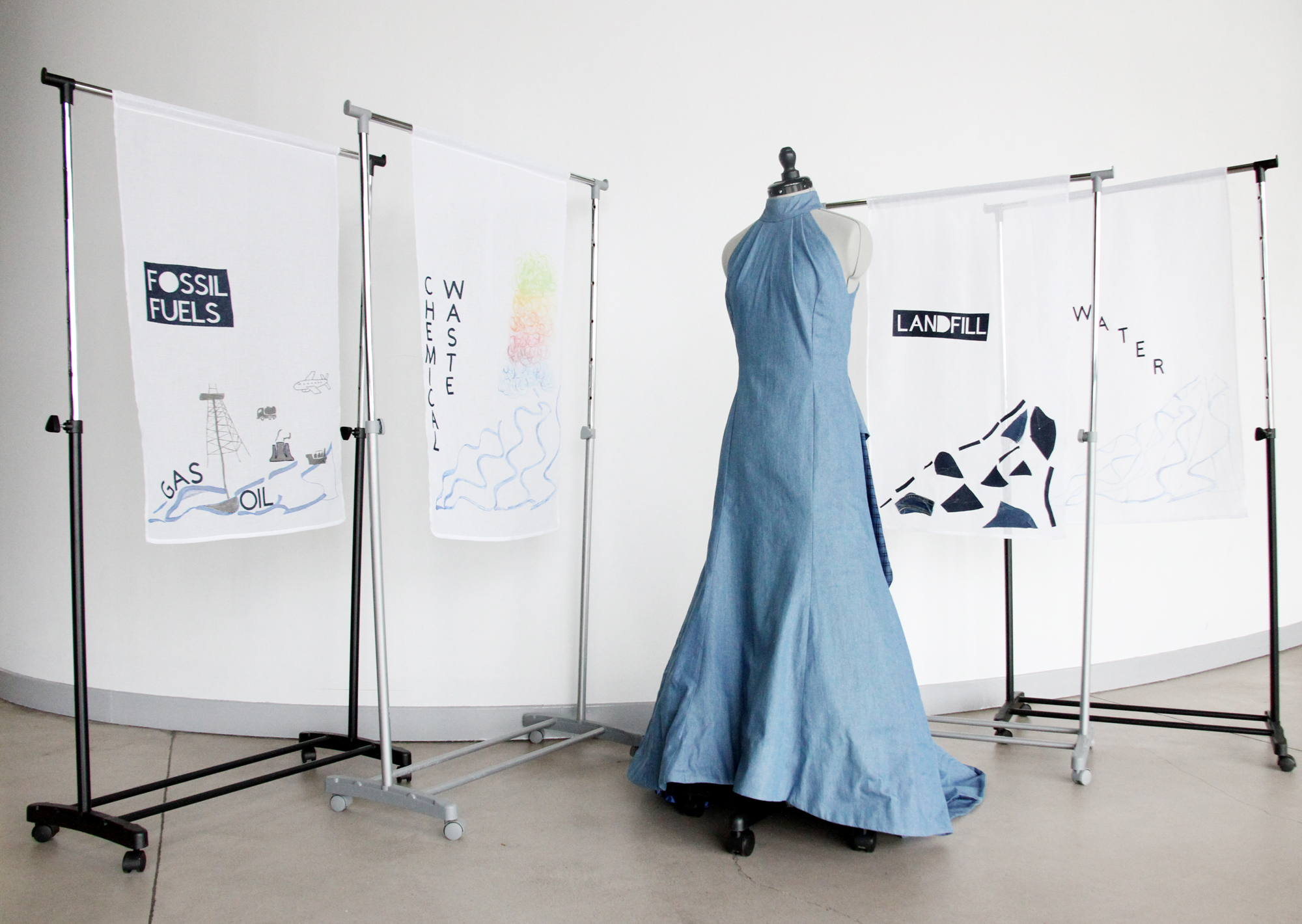 Image of blue demin dress on a dressmaker's mannequin, four fabric panels hang behind the dress with the words Fossil Fuels, Chemical Waste, Landfill, and Water on them