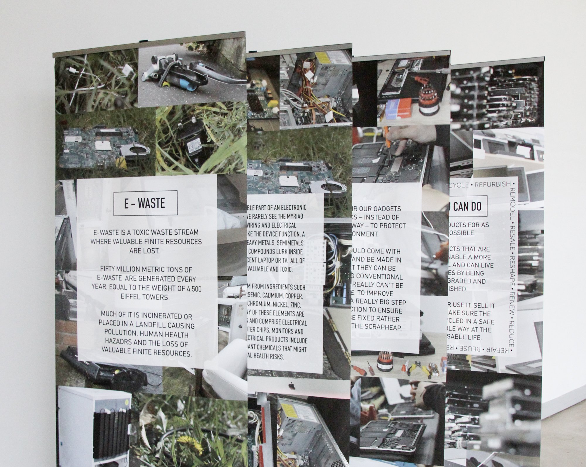 Image of four pop up panels, with images of wires, cables, microchips and other electronic waste on them, each panel explains the ways we can recude our E-waste by recycling, repairing, or reusing it.