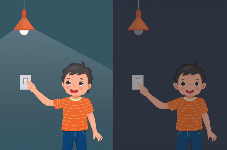 Illustration of a child turning on a light and turning off a light