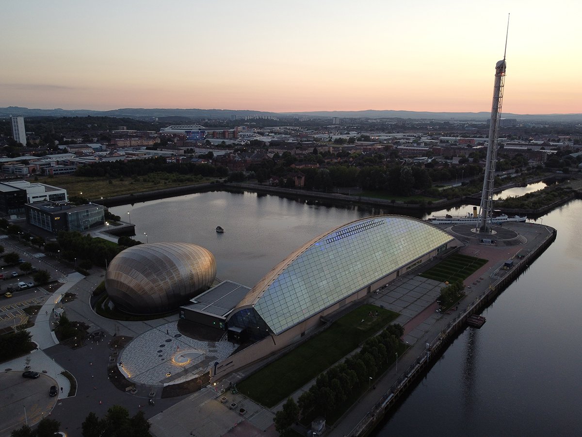 An aerial view of Glasgow Science Centre. Image (c) 2021: Glasgow Science Centre / HawkAye