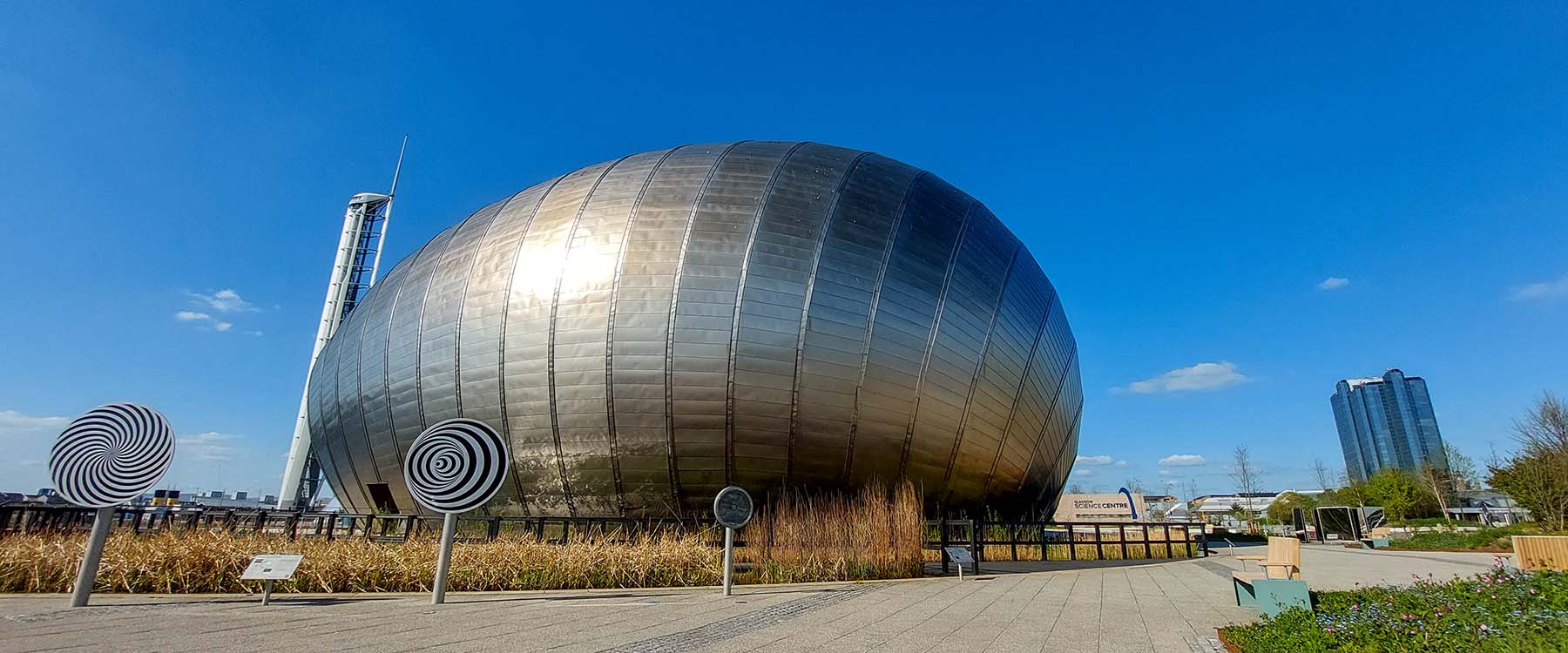 The exterior titanium shell of the IMAX building at Glasgow Science Centre