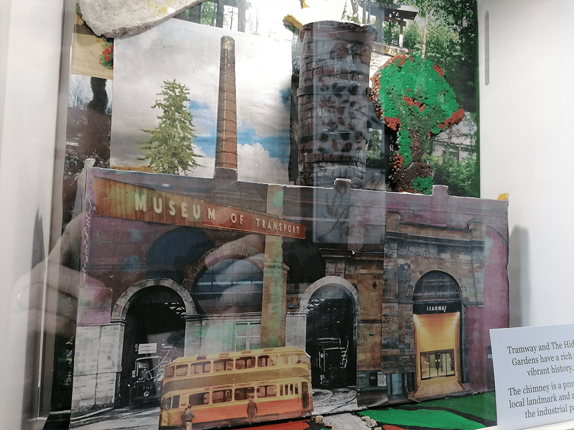 One of the exhibit pieces: An image of the old tramway with a large chimney made from clay