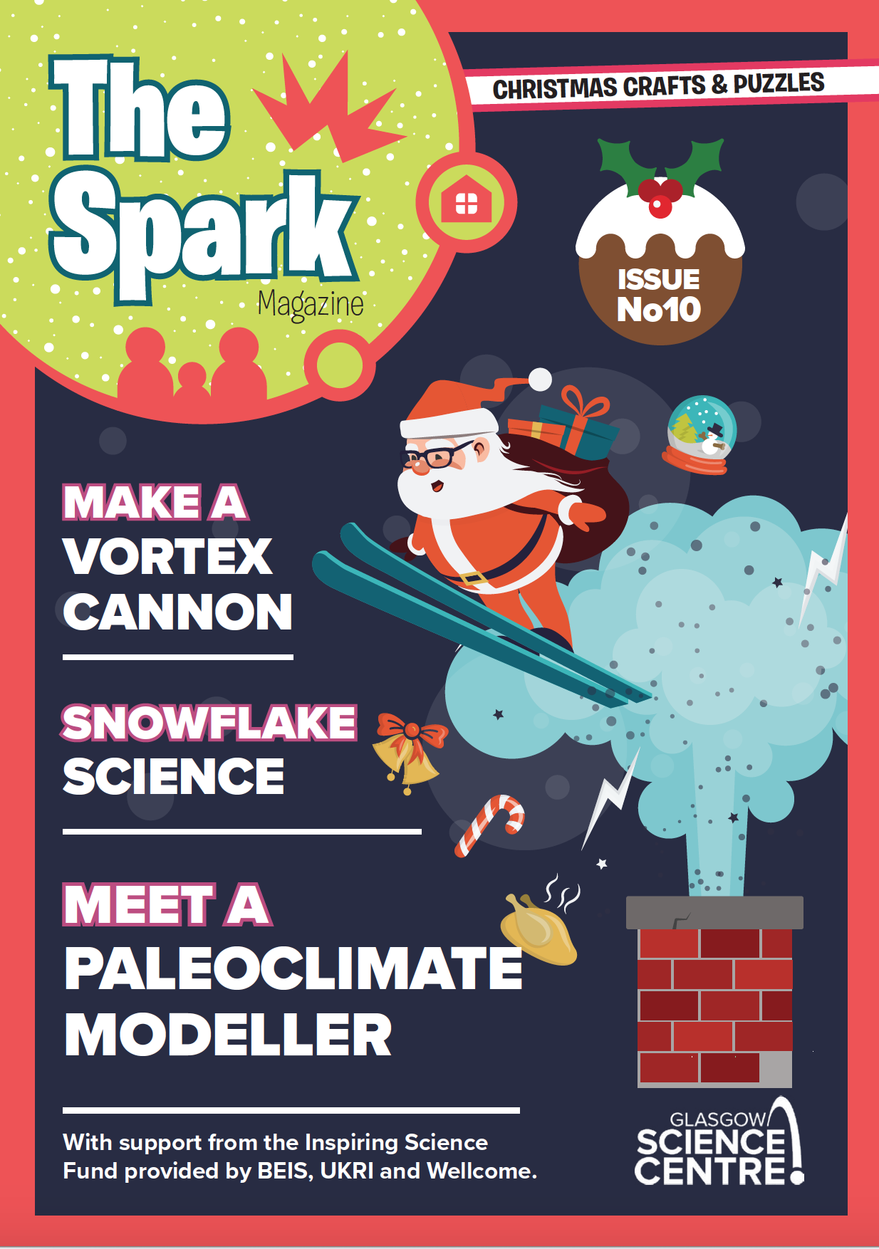 The front cover of The Spark - Issue 10 shows an illustrated Santa on skis 'flying' out of a chimney