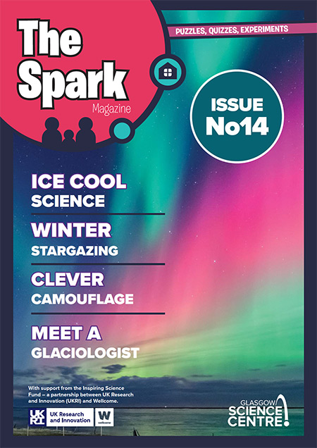 The Spark Issue 14 cover shows colourful aurora in the sky above water