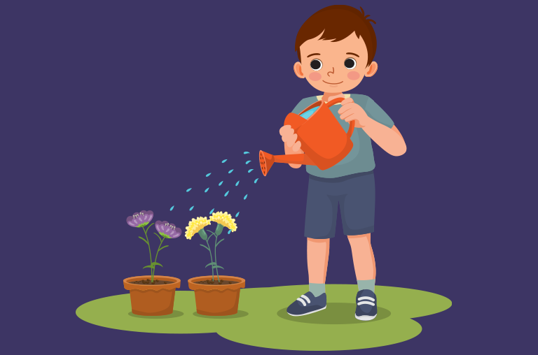 Illustration of a child using a watering can to water flowers in a pot