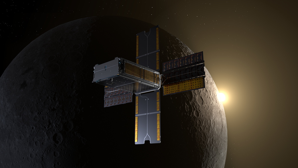An artist's impression of NASA’s BioSentinel – a shoebox-sized CubeSat – travelling around the surface of the Moon