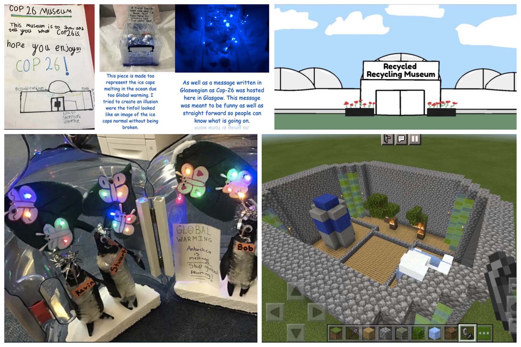 A collage shows pupils' design ideas for a Climate Change Museum
