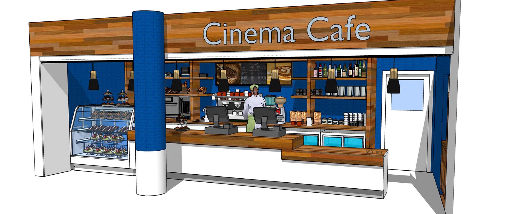 An illustrated sketch shows the coffee shop counter and serving area.
