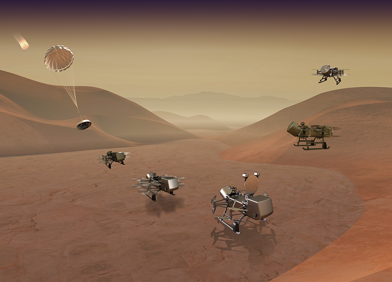 Dragonfly mission concept of entry, descent, landing, surface operations, and flight at Titan. IMAGE CREDIT: JOHNS HOPKINS APL