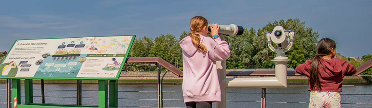 two children look across the floating wetlands