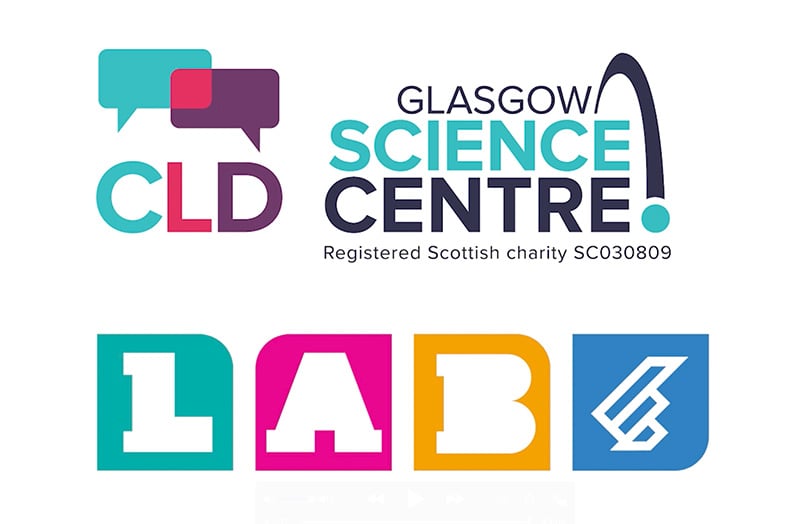 Logos for CLD at GSC, Glasgow Science Centre, and L.A.B.