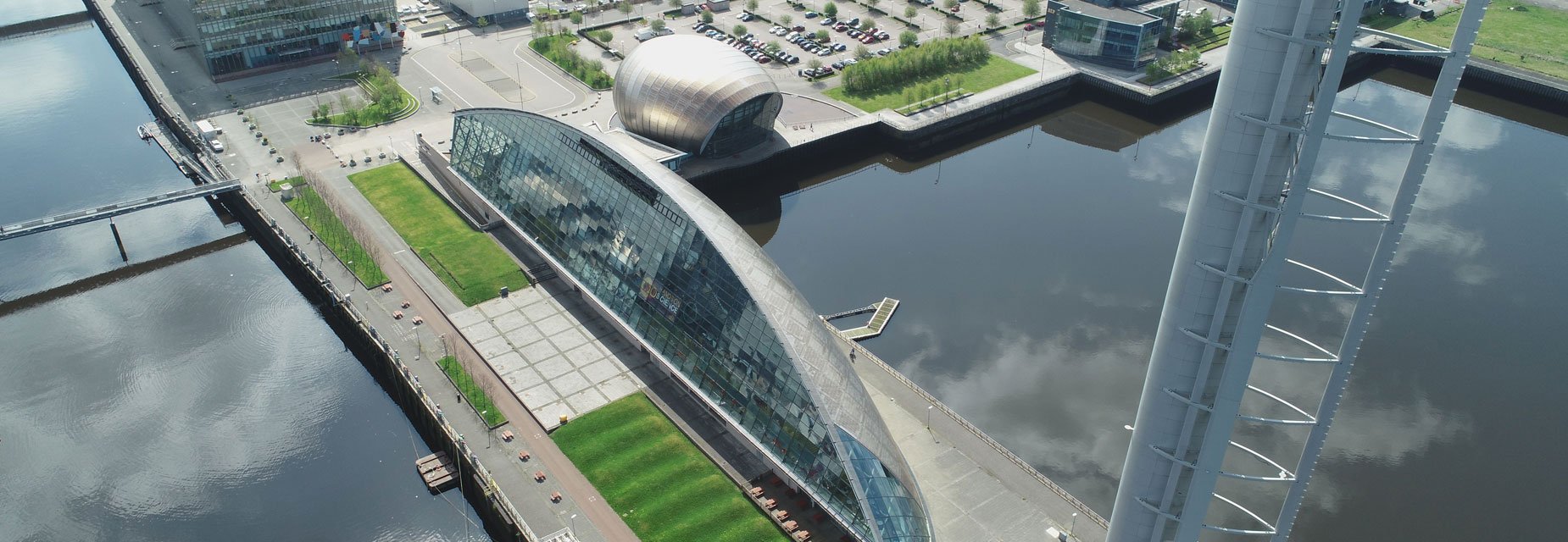 Aerial view of Glasgow Science Centre, Glasgow Tower and Glasgow IMAX