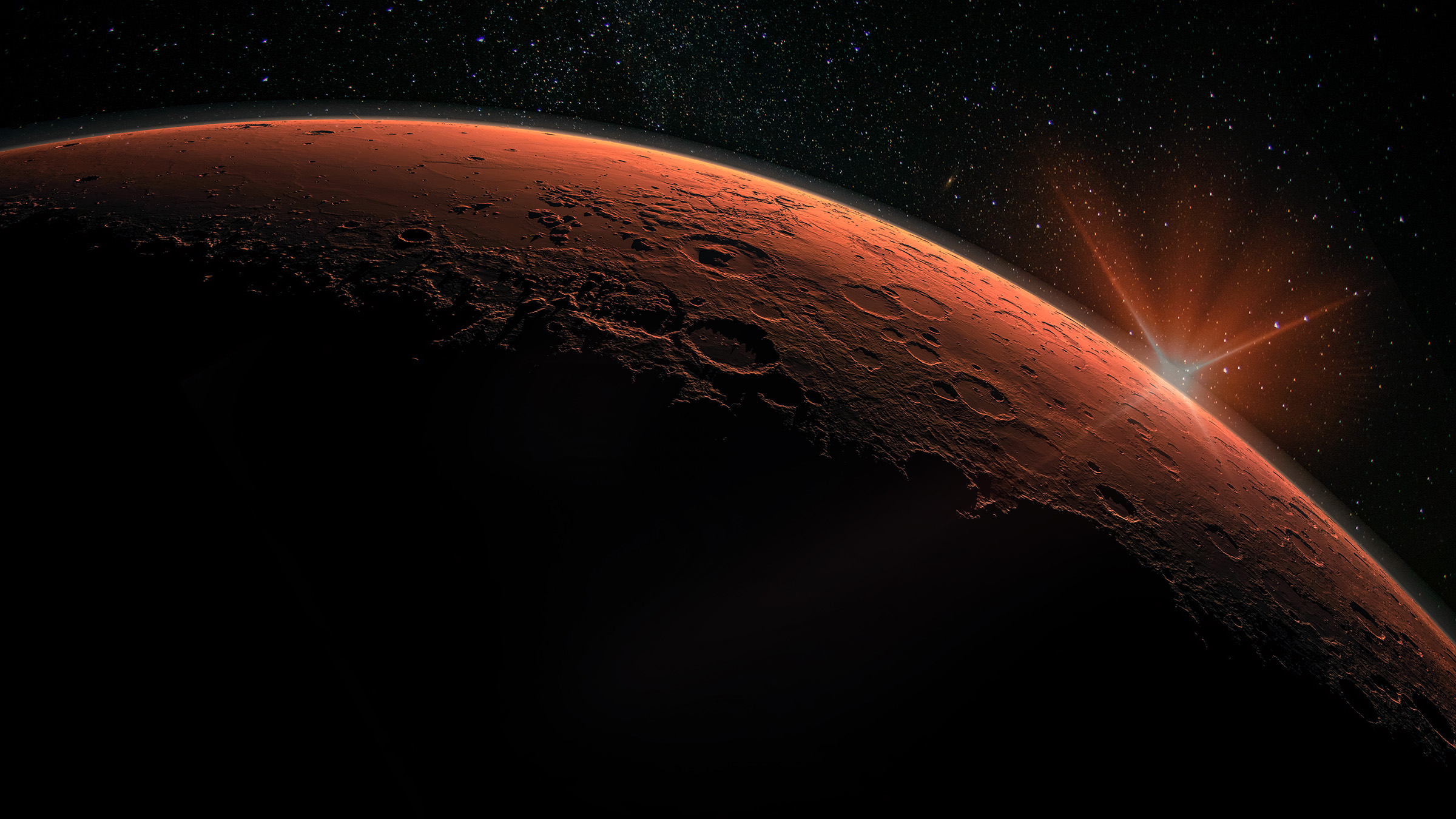 An artist's impression of a sunrise from above the reddish-brown surface of Mars