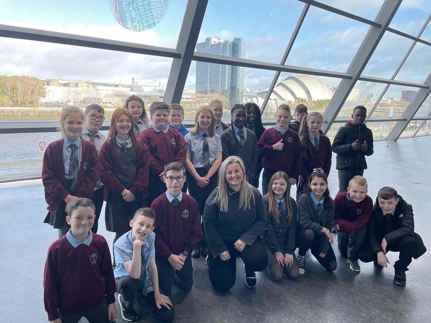 St Timoothy's P7B pupils and teacher in the science centre.