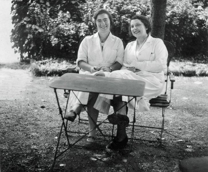 Marguerite Perey (left) with a colleague in Paris