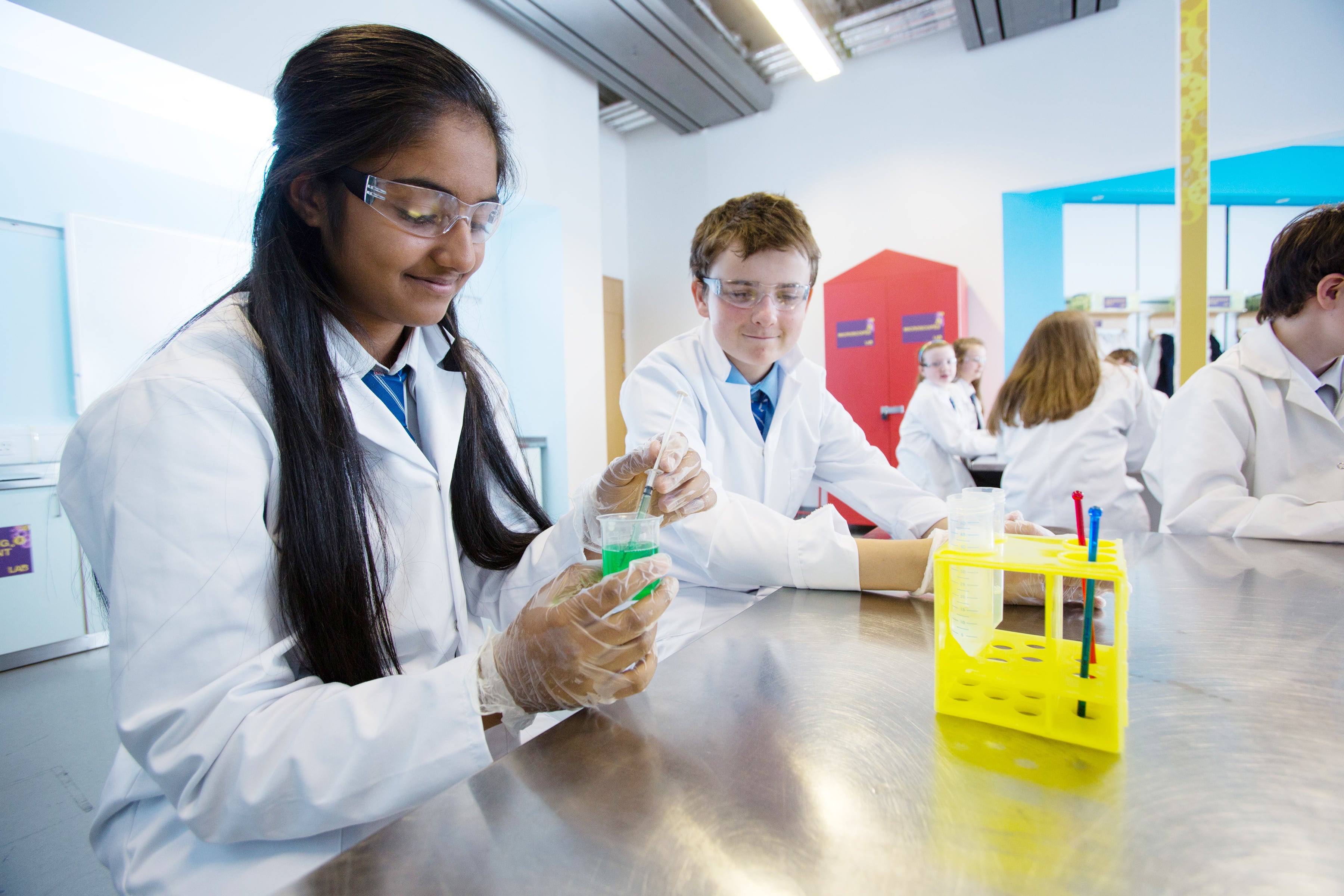 Secondary School pupils conducting experiments in the Lab